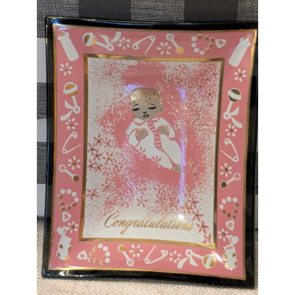 Vintage Houze Art  Glass Tray "Congratulations" Pink  Girl  Kitsch